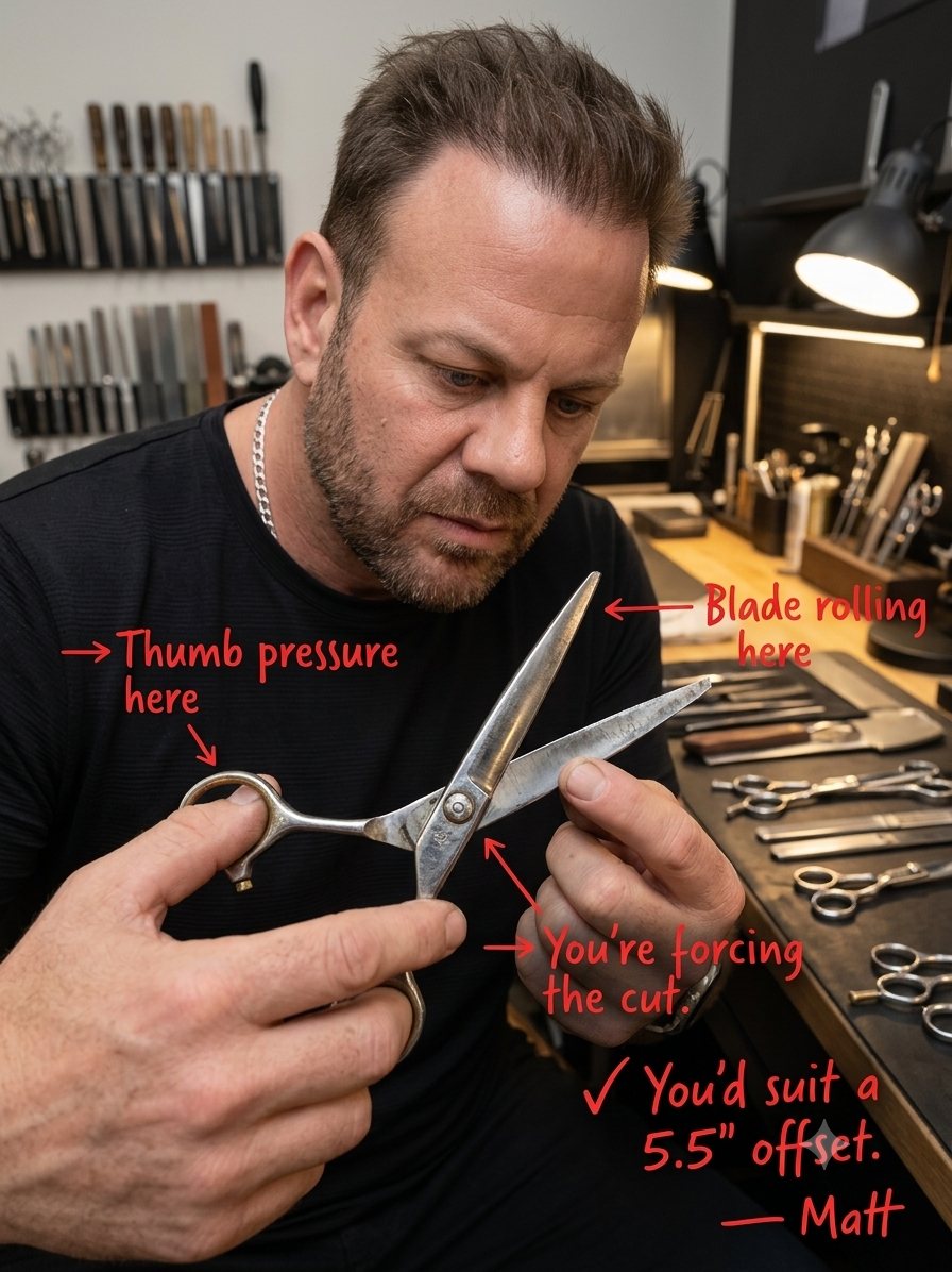 Matt Grumley inspecting the wear pattern on a professional scissor at the bench